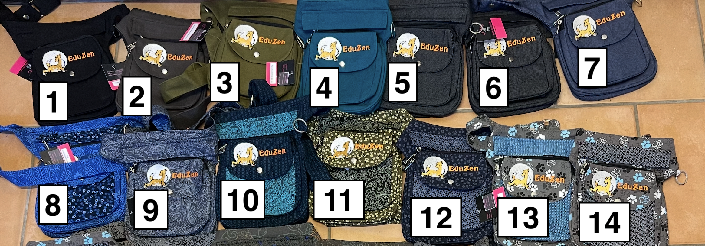 Les unies et chinées (1ère ligne) et les motifs bleues (2ème ligne)